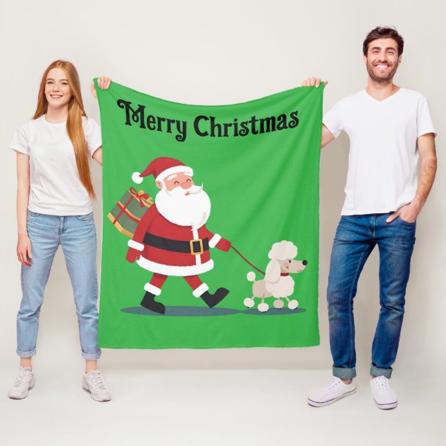 Manta Polar Santa walking a poodle Christmas Fleece Blanket (In situ)