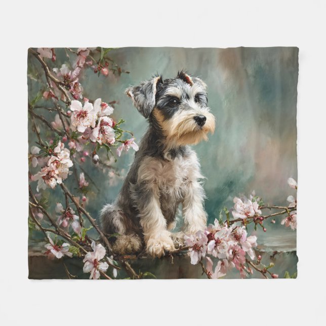 Manta Polar Schnauzer Puppy Among Spring Cherry Blossoms (Frente (Horizontal))