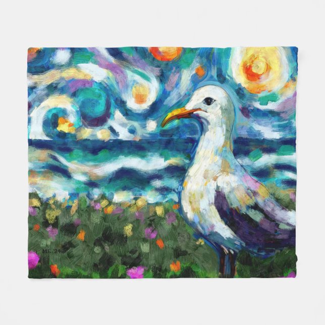 Manta Polar Seagull Van Gogh Style Beach Sky Blue Verde azulad (Frente (Horizontal))