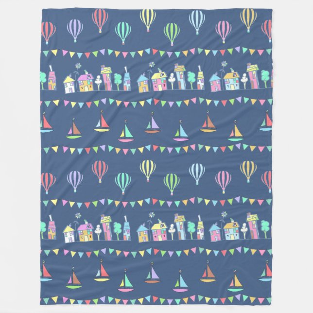 Manta Polar Seaside Town Sail Boats and Bunting Pattern Blue (Anverso)