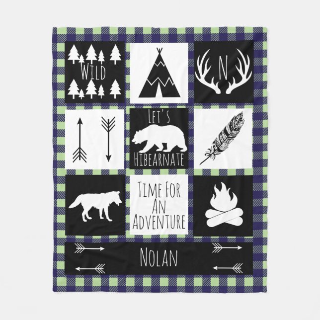 Manta Polar Selva verde tribal blanca y negra de bosques (Anverso)