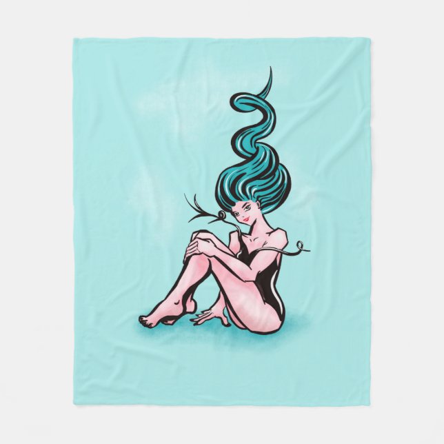 Manta Polar Sexy Chica De Pin-up Con Pelo Azul (Anverso)