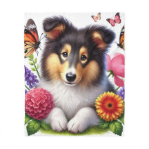 Sheepdog de Shetland con flores y mariposas