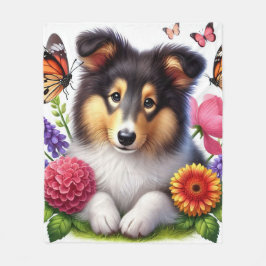 Manta Polar Sheepdog de Shetland con flores y mariposas