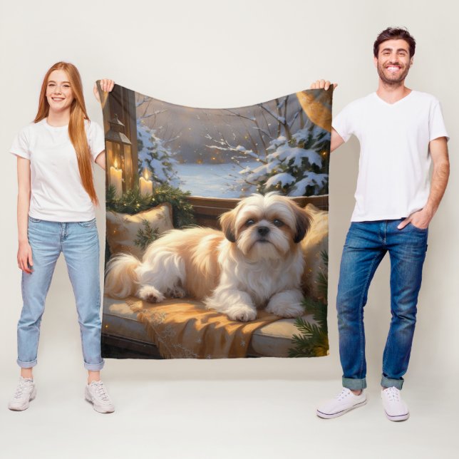 Manta Polar Shih Tzu con vacaciones de Navidades alumbrados (In situ)