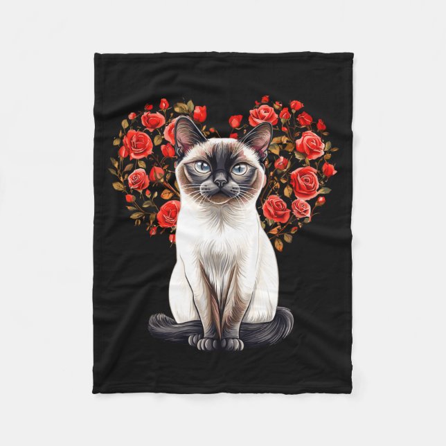 Manta Polar Siamese Cat Lover Floral Heart Valentines Day  (Anverso)