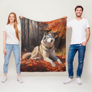 Manta Polar Siberian Husky en Hojas de Otoño Caídas Inspira