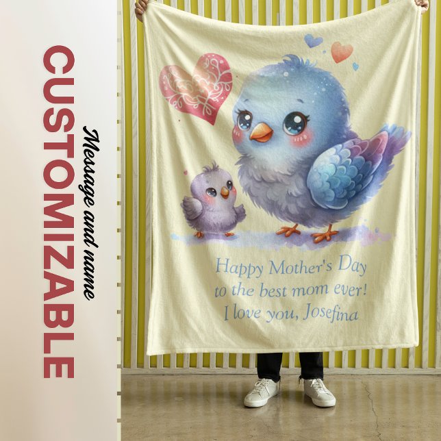 Manta Polar Siempre mi madre - Mamá de pájaro y amarillo bebé (Always my Mother - Bird Mum & Baby Yellow Fleece Blanket)