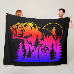 Manta Polar Silhouette De Oso Colorido Con Bosque Y Atardecer