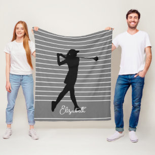 Manta Polar Silueta de golfista femenino Monograma Nombre Gris