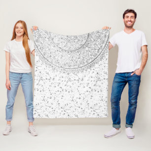 Manta Polar Silver Lotus Mandala con estrellas plateadas en bl