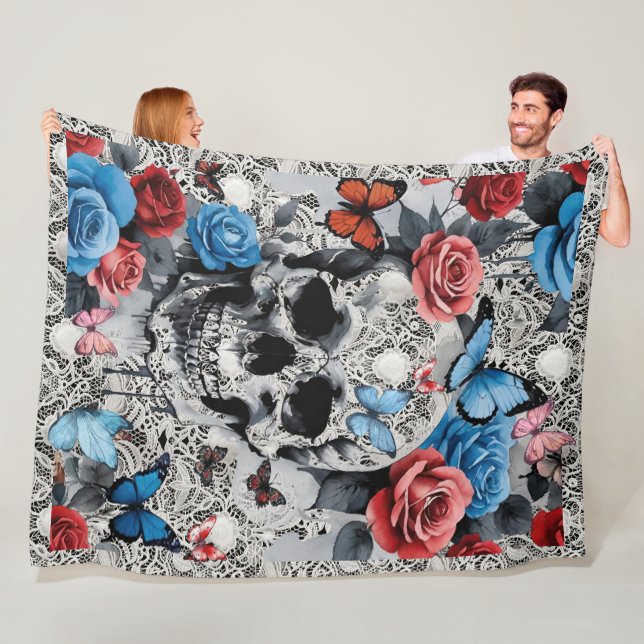 Manta Polar Skull con Rosas y mariposas fondo de encaje (In situ)