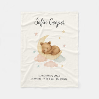 Manta Polar Sleeping Bear and Moon Birth Stats Baby Blanket