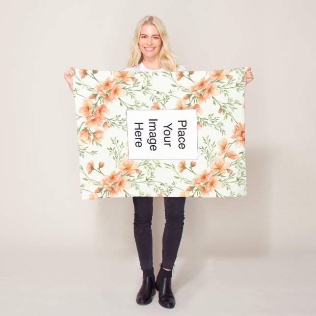 Manta Polar Small Throw Blanket, Peach Flowers, Add Name/Pic (In situ)