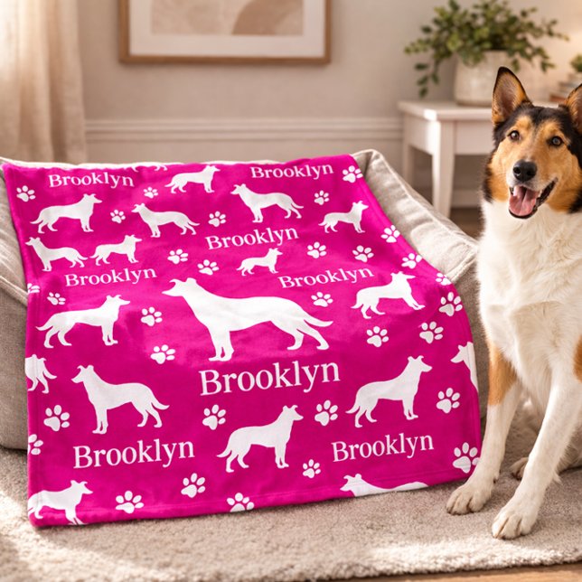 Manta Polar Smooth Collie Personalized Dog Blanket Bright Pink (Collie - smooth hair personalized blanket with collie name. Large blanket in pink shown here)