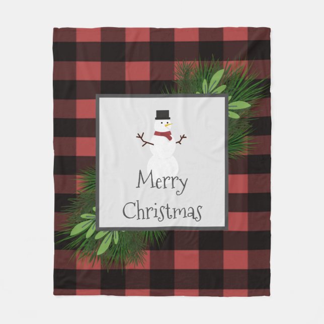 Manta Polar Snowman Black and Red Buffalo Plaid Fleece Blanket (Anverso)