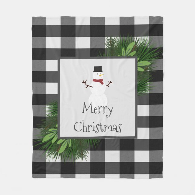 Manta Polar Snowman Buffalo Plaid | Blanqueta blanca negra (Anverso)
