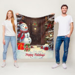 Manta Polar Snowman Vintage Christmas Scene Fleece Blanket<br><div class="desc">Manténgase cálido en invierno con esta manta adorable de Navidades que muestra una escena de un lindo muñeco de nieve con regalos en la puerta principal de una casa en una imagen de color de agua vintage. El texto de la manta se puede personalizar con el suyo o el izquierdo...</div>