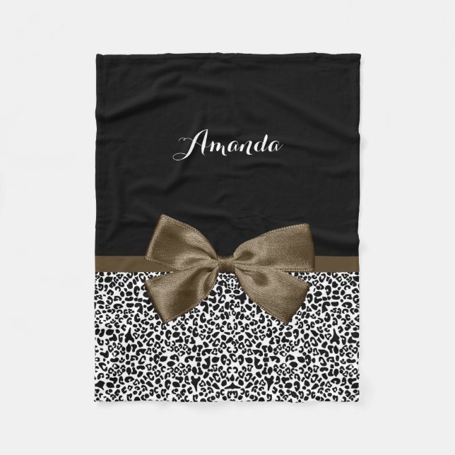 Manta Polar Sofisticado Leopard Print Brown Bow Con Nombre (Anverso)