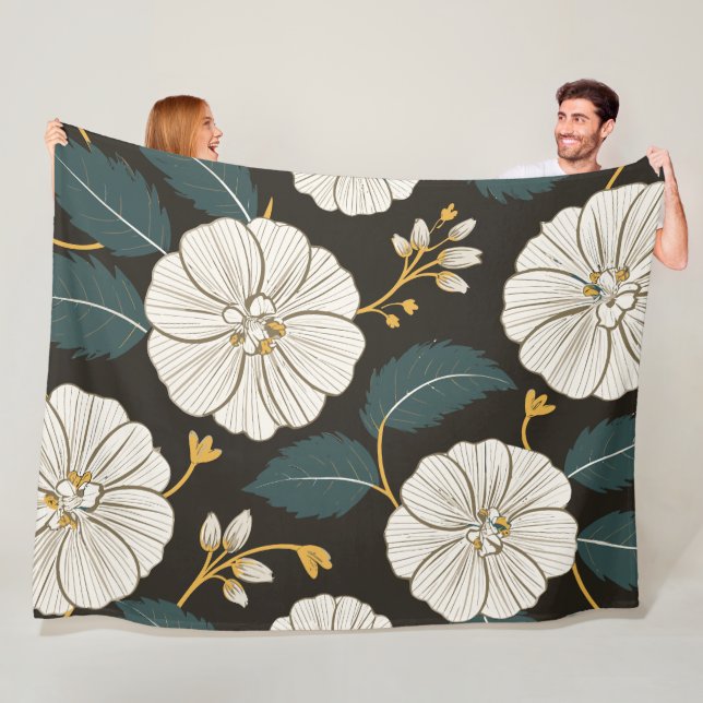 Manta Polar Sofisticado patrón floral con floros blancos (In situ)