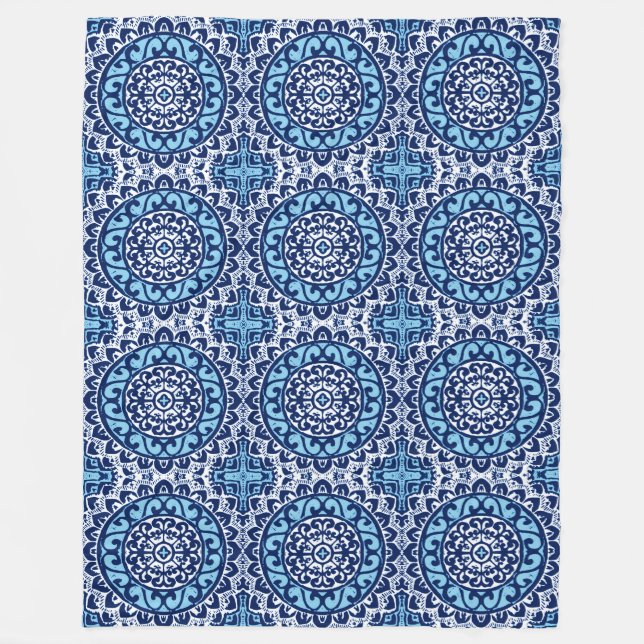 Manta Polar Sol del suroeste Mandala Batik, azul y blanco de l (Anverso)