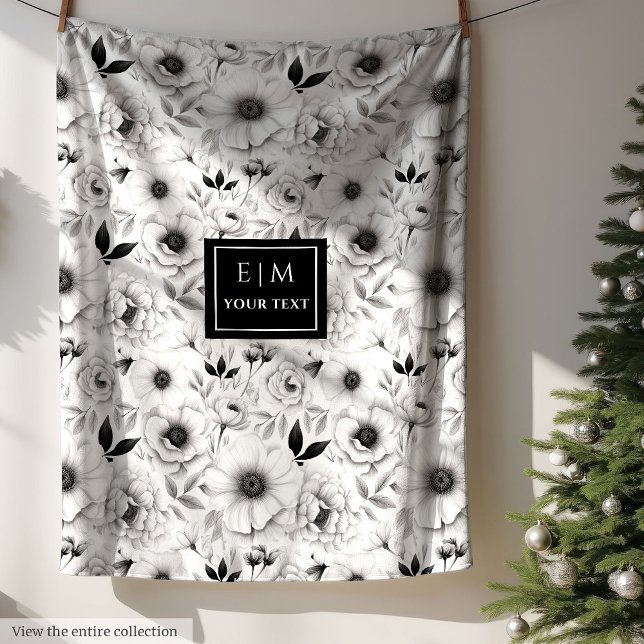 Manta Polar Sombra floral de tonos grises artísticos con nombr (Artistic grey hues floral blanket with custom name)