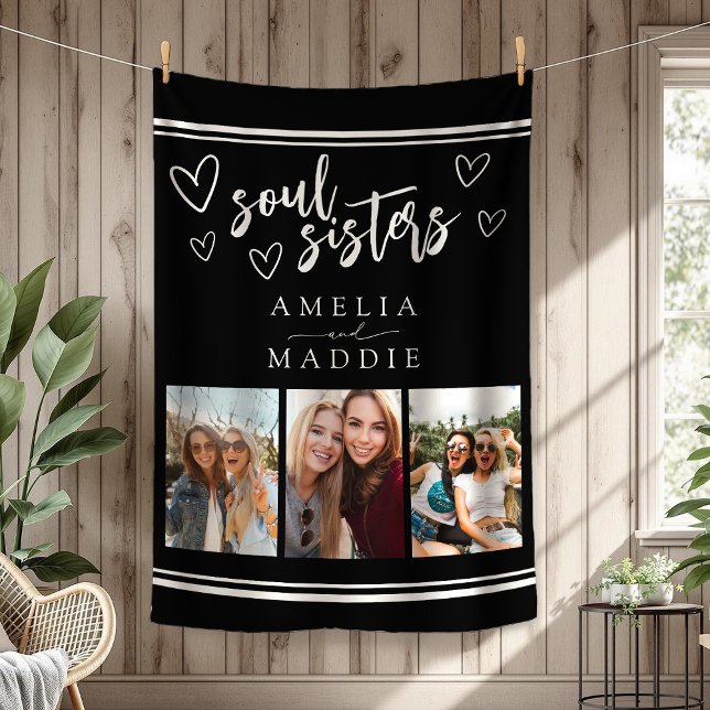 Manta Polar Soul Sisters Collage de fotos Negro y Blanco (Soul Sisters Photo Collage Black and White Fleece Blanket)