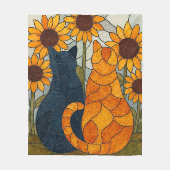 Manta Polar Stained Glass Cats and Sunflowers Art Design (Anverso)