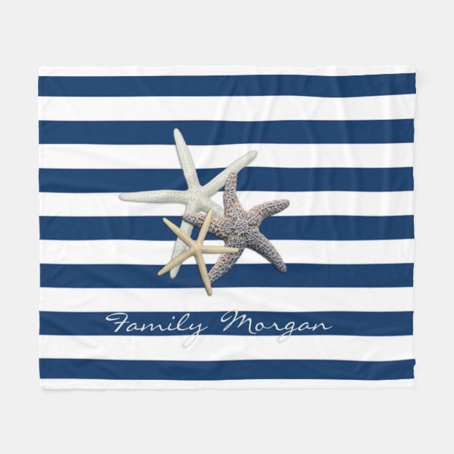 Manta Polar Starfish Adorable, Navy Blue Stripes Personalizado (Frente (Horizontal))