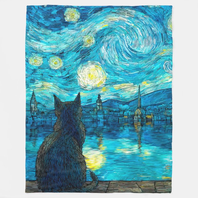 Manta Polar Starry Night Cat – Van Gogh Style Cat Art (Anverso)
