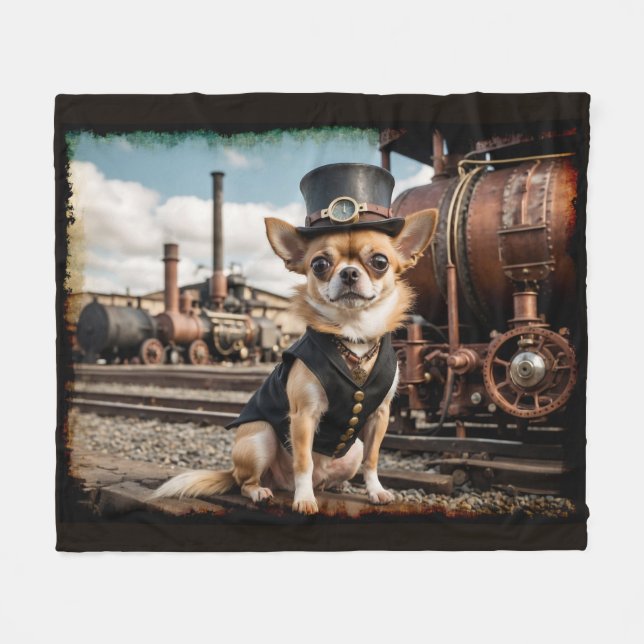 Manta Polar Steampunk Chihuahua y el tren (Frente (Horizontal))