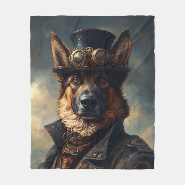 Manta Polar Steampunk German Shepherd Dog in Top Hat (Anverso)