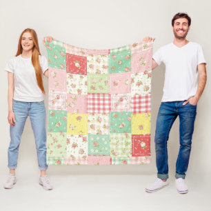 Manta Polar Suave Floral de Parche a Cuadros en Pastel Suave
