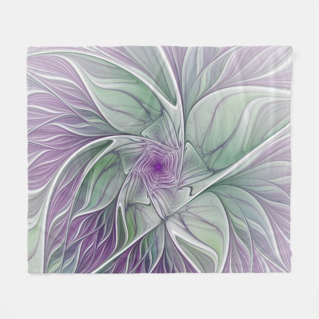Manta Polar Sueño de flores, abstracto arte fractal verde púrp (Frente (Horizontal))