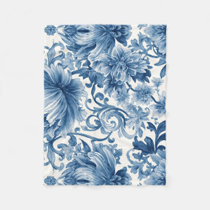 Manta Polar Sueños Azules Chinoiserie Acuarela Floral Blanca