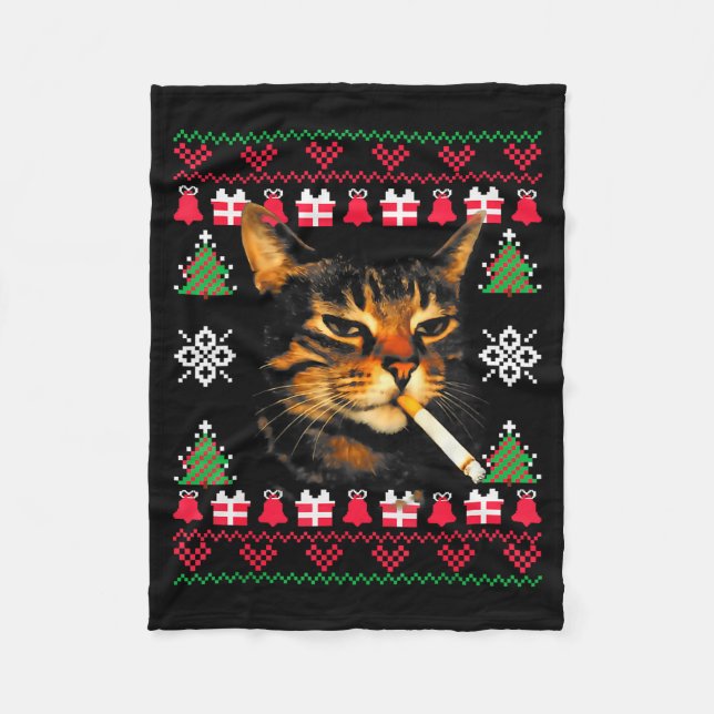 Manta Polar Suéter feo de Navidad divertido para gato fumando  (Anverso)