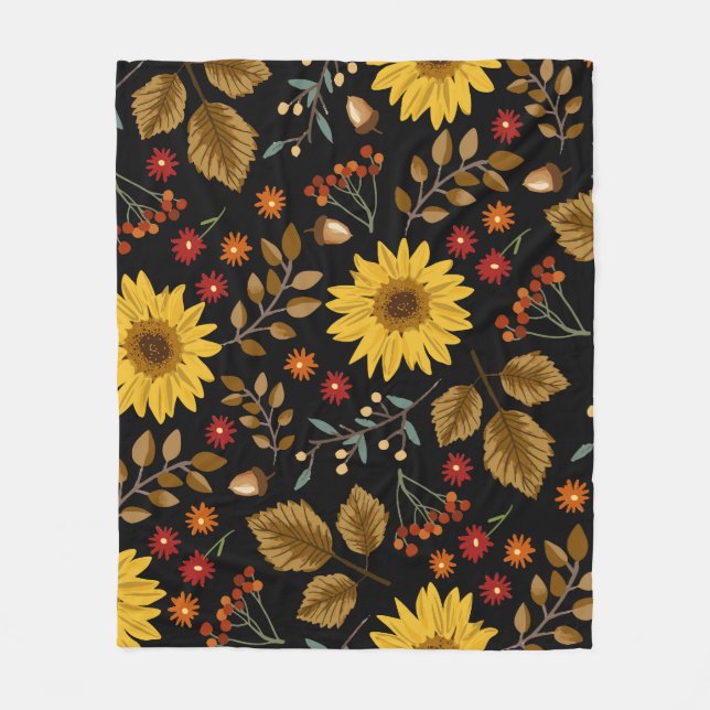Manta Polar Sunflowers de otoño: fondo negro de arce (Anverso)