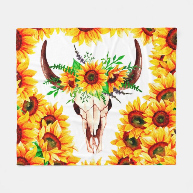 Manta Polar Sunflowers y Bull Skull (Frente (Horizontal))