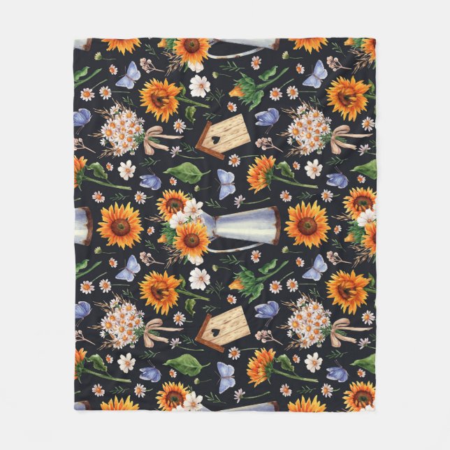 Manta Polar Sunny Rustic Watercolor Sunflowers Pattern (Anverso)