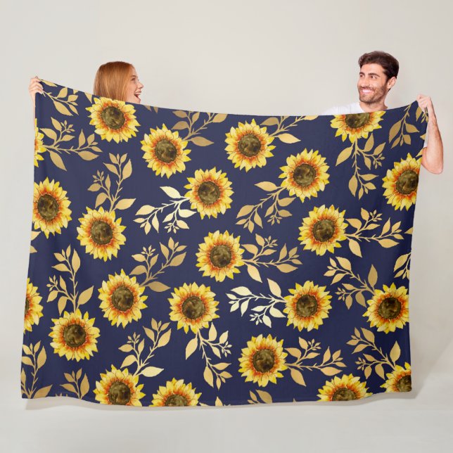Manta Polar Sunny Yellow Gold Navy Sunflowers deja el patrón (In situ)