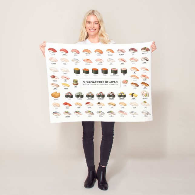 Manta Polar Sushi Guide Blanket – Japanese Food Chart Throw (In situ)