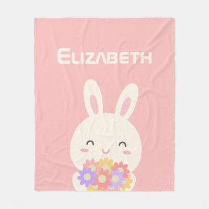 Manta Polar Sweet Little Bunny & Flowers Custom Name Pink