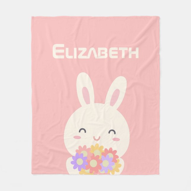 Manta Polar Sweet Little Bunny & Flowers Custom Name Pink (Anverso)