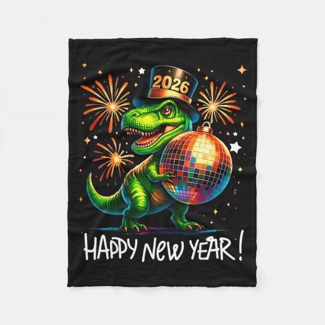 Manta Polar T Rex Happy New Year 2026 Disco Ball Fireworks Tee (Anverso)