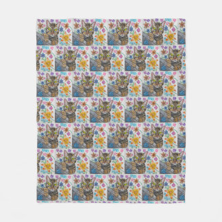 Manta Polar Tabby cat and flowers blanket 