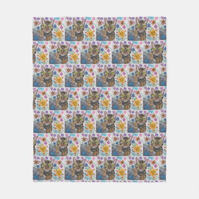 Manta Polar Tabby cat and flowers blanket  (Anverso)