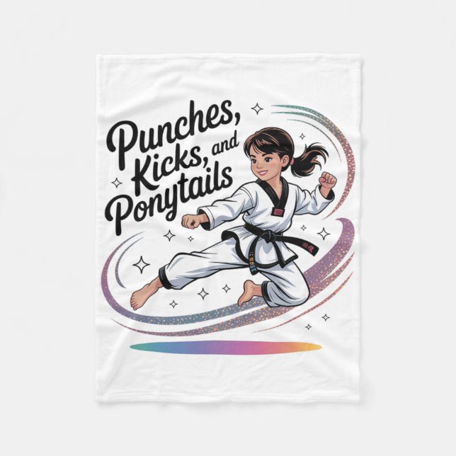 Manta Polar Taekwondo Girl Black Belt Punches Kicks Ponytails  (Anverso)