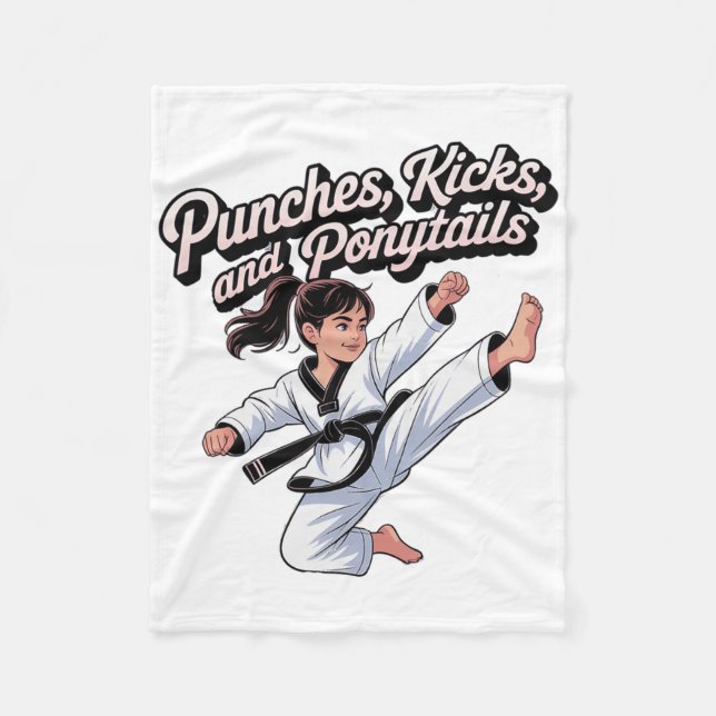 Manta Polar Taekwondo Girl Black Belt Punches Kicks Ponytails  (Anverso)
