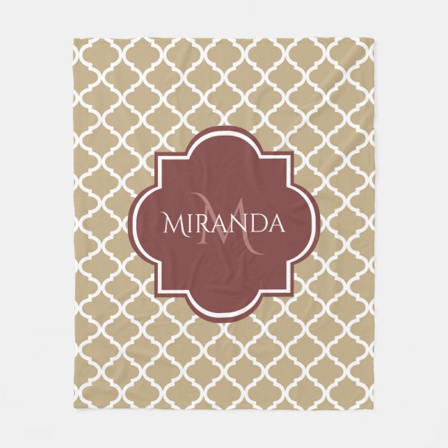 Manta Polar Tan elegante Quatrefoil Burgundy Monograma y nombr (Anverso)