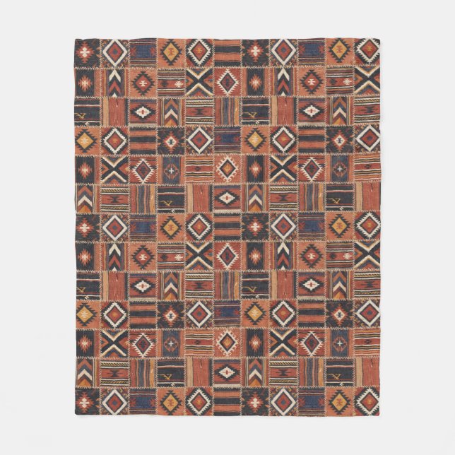 Manta Polar Tapiz geométrico de Kilim de patchwork rústico (Anverso)
